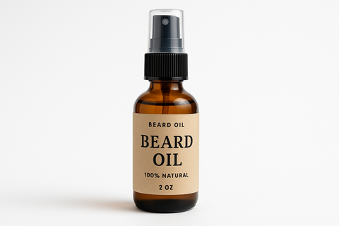 Beard Oil in 2 oz Amber bottle with spray top.  Tan Label with product info 