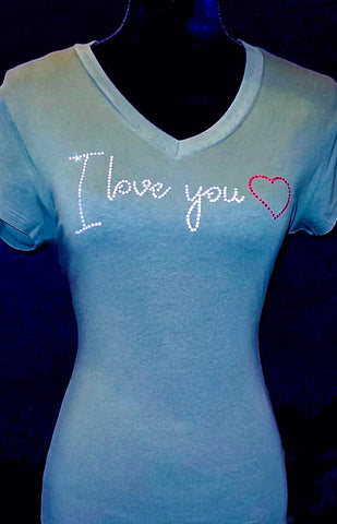 Khaki  green, wide v-neck, fitted ladies (cotton blend) T-shirt, Embellished with rhinestone text graphic that says:  I love you (in cursive)  plus a red open heart -- across chest of shirt.  Shown on black velvet dress form. Simple, cute design!