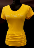Bright  goldenrod, wide v- neck, fitted ladies (cotton blend) T-shirt, Embellished with rhinestone text graphic that says:  Pray, Wait. Trust, across chest.  